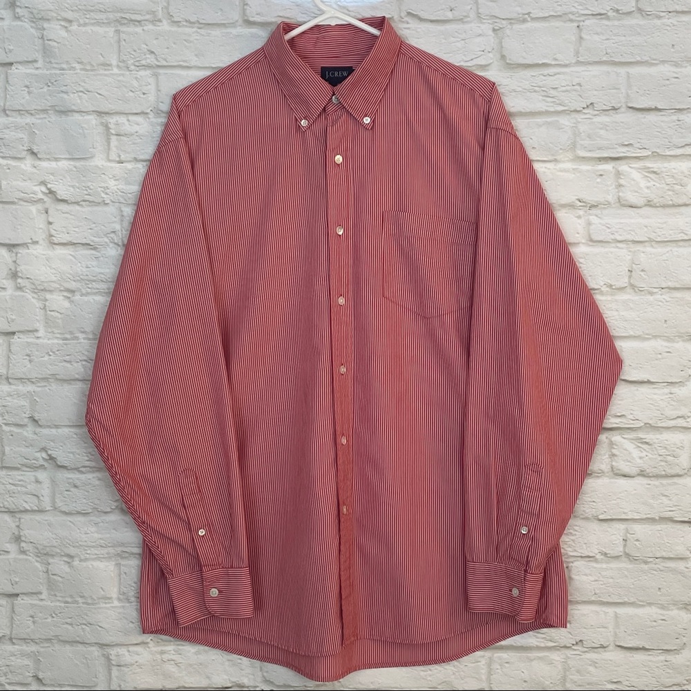J. Crew Men's Red Striped Oxford Shirt - Large